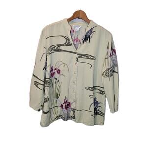 Citron Of Santa Monica Silk Green Floral Button Up 3/4 Sleeve Top Size PL